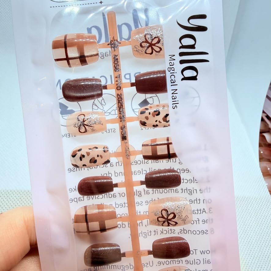 Cat Eye Press On Nails with Artistic Design | Salon Finish Magnetic Effect | Glossy False Nails, Short Length | 12 Designs and Colors (Beige & Marron & Cheetah)