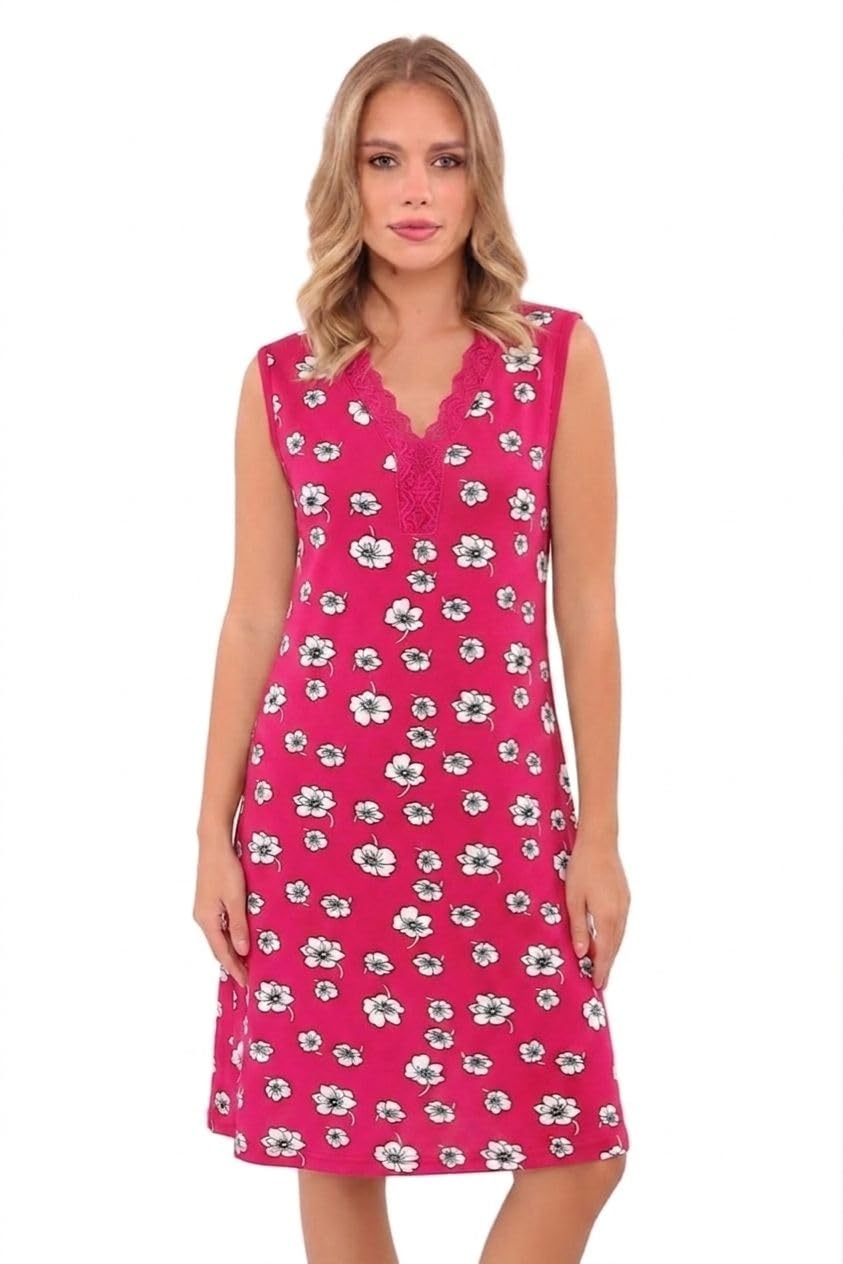 Dabbagh Women's Sleeveless Home Sleep Dress – Long Nightgown with Lace Neckline and Soft Floral Print, Comfortable for Sleeping and Relaxing at Home
