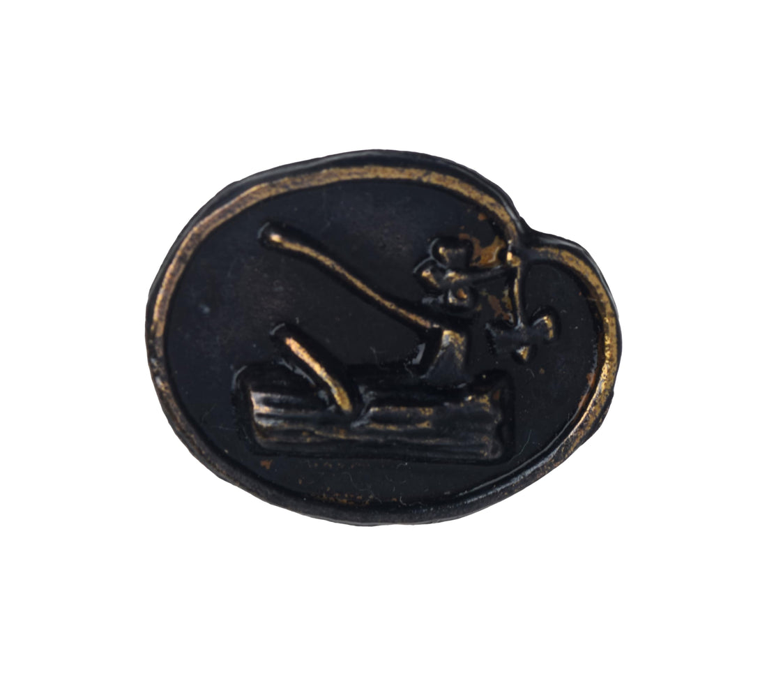 Axe And Two Animals Metal Scout Pin Brown