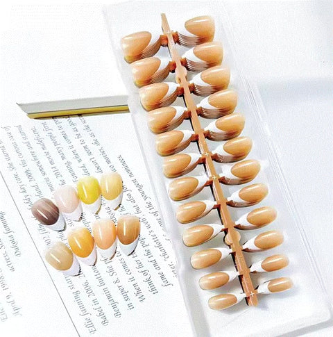 Generic 120Pcs BEIGE Almond French Tip Acrylic Nail Extensions, 12 Sizes, Glossy Finish, Full Cover, 1 Set, 120 Pieces