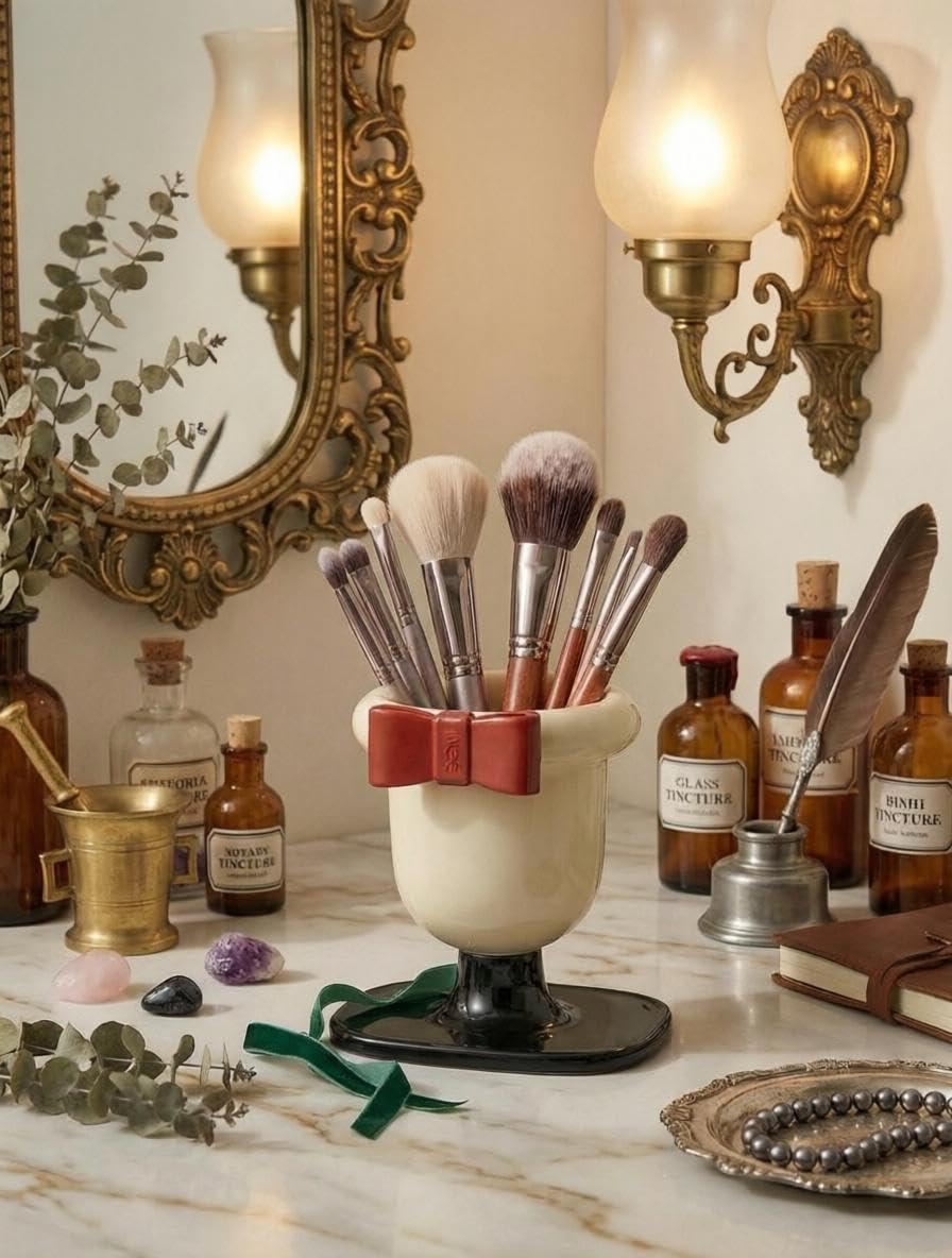 BRUSH ORGANIZER - Durable organizer with elegant bow, perfect forbrushes, lipstick and eyeliner pencils, keeps your dressing table clutter-free and neat, ensures easy access to your makeup tools, and