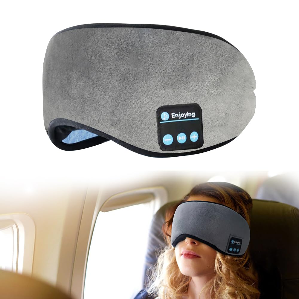 SYPVRY Bluetooth Sleep Mask Wireless Headphones for Women Men, Breathable Cotton Eye Mask Bluetooth 5.2 Sleeping Headsets Music Eye Cover for Airplane Travel Office (Grey)