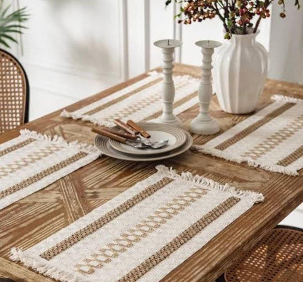 Bohemian Cotton Table coaster , Natural Cream and Brown, Decorative Dining Table Placemats with Fringe, 45x30 cm .nin