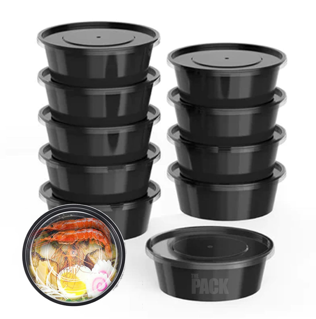 THE PACK | Round Plastic Food Storage Containers, 250ml, Pack with Lids, Microwave and Freezer Safe, Black (5)