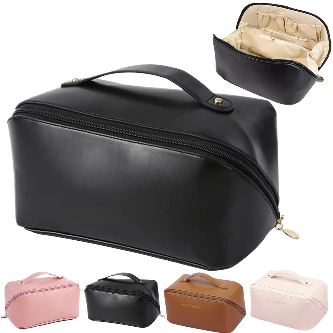 Large Capacity Travel Cosmetic Bag, PU Leather Portable Makeup Bag, Ladies Travel Pouch Zipper Bag, Waterproof Cosmetic Travel Organizer Multifunctional Storage Bag for Women Girl (Black), Black,