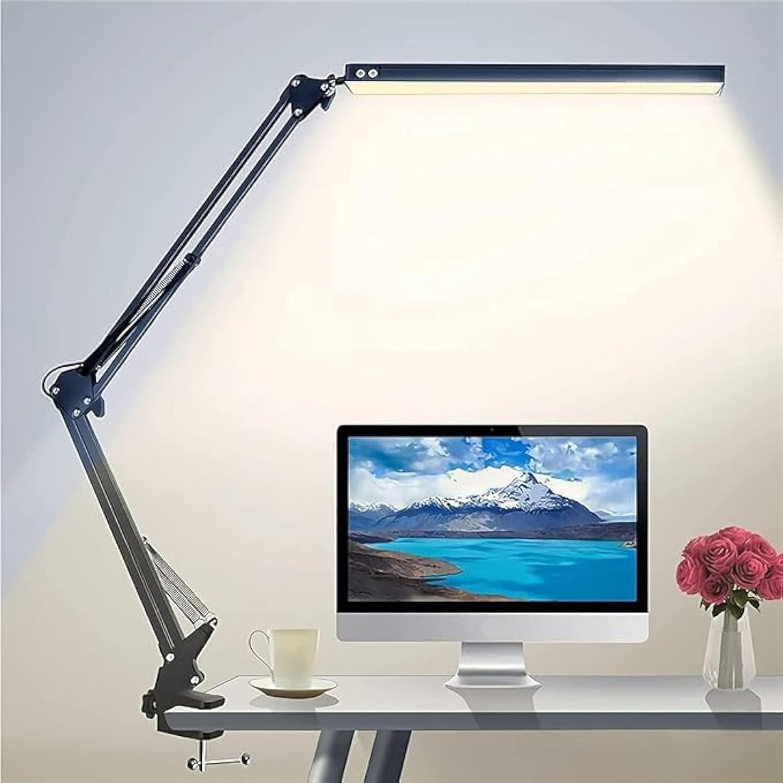 Triblazi LED Desk Lamp with Clip-On Table Mount Eye Protection 3 Light Modes 10 Brightness Levels 360 Degree Rotation with Settings Saving Function Suitable for Home Office Study Work, Black