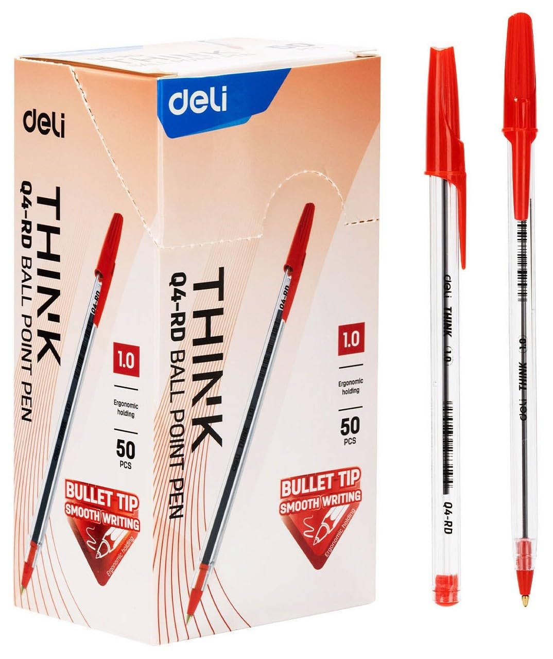 Deli EQ4-RD Ball Point Pen, 1.0 mm Bullet Tip, Red