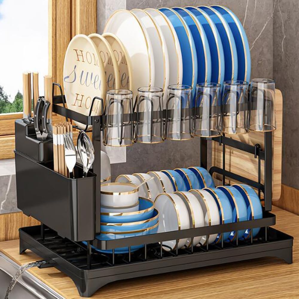 Circle M 2-Tier Black Dish Drying Rack: Drainboard Utensil & Cup Holders Drainer