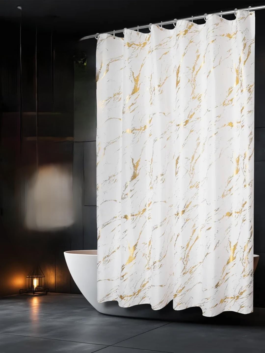 Fabric Bathtub Curtain, White and Gold, Marble Pattern, 180x180cm, 12 Grommets, Waterproof