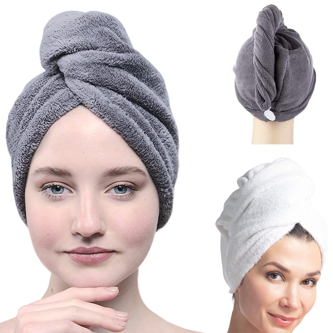 2 Pack Microfiber Hair Towel Wrap, Fast Drying with Button, Soft Super Absorbent for Long & Curly Hair, Anti-Frizz