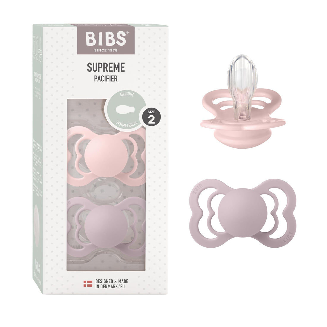 BIBS Pacifier Supreme Symmetrical Silicone Nipple | BPA Free | Made in Denmark | Size 2 (6-18 Months) | Pack of 2 | Blush/Dusky Lilac