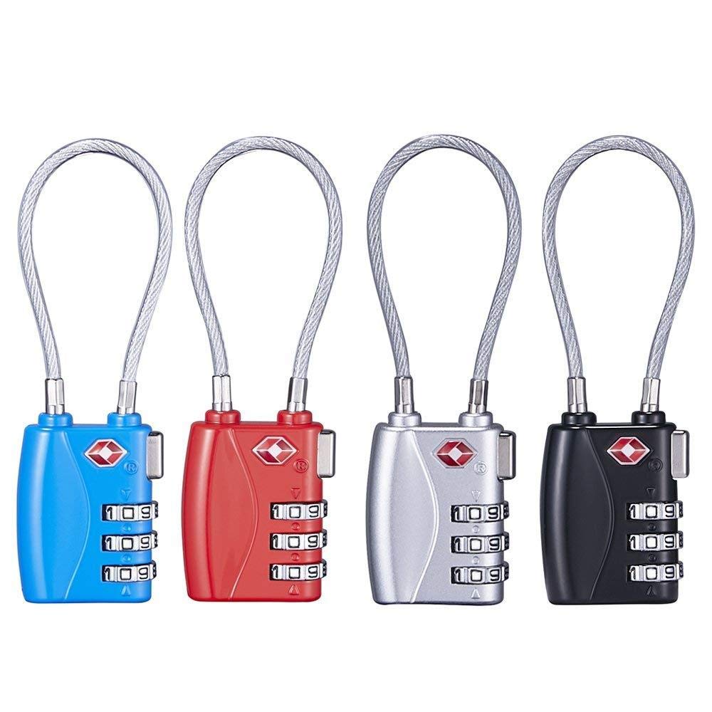 TSA Approved Luggage Locks, (4 Pack) Open Alert Indicator 3 Digit Combination Padlock Codes with Alloy Body for Travel Bag, Suit Case, Lockers, Gym, Bike Locks - Black, Blue, Red, and Silver
