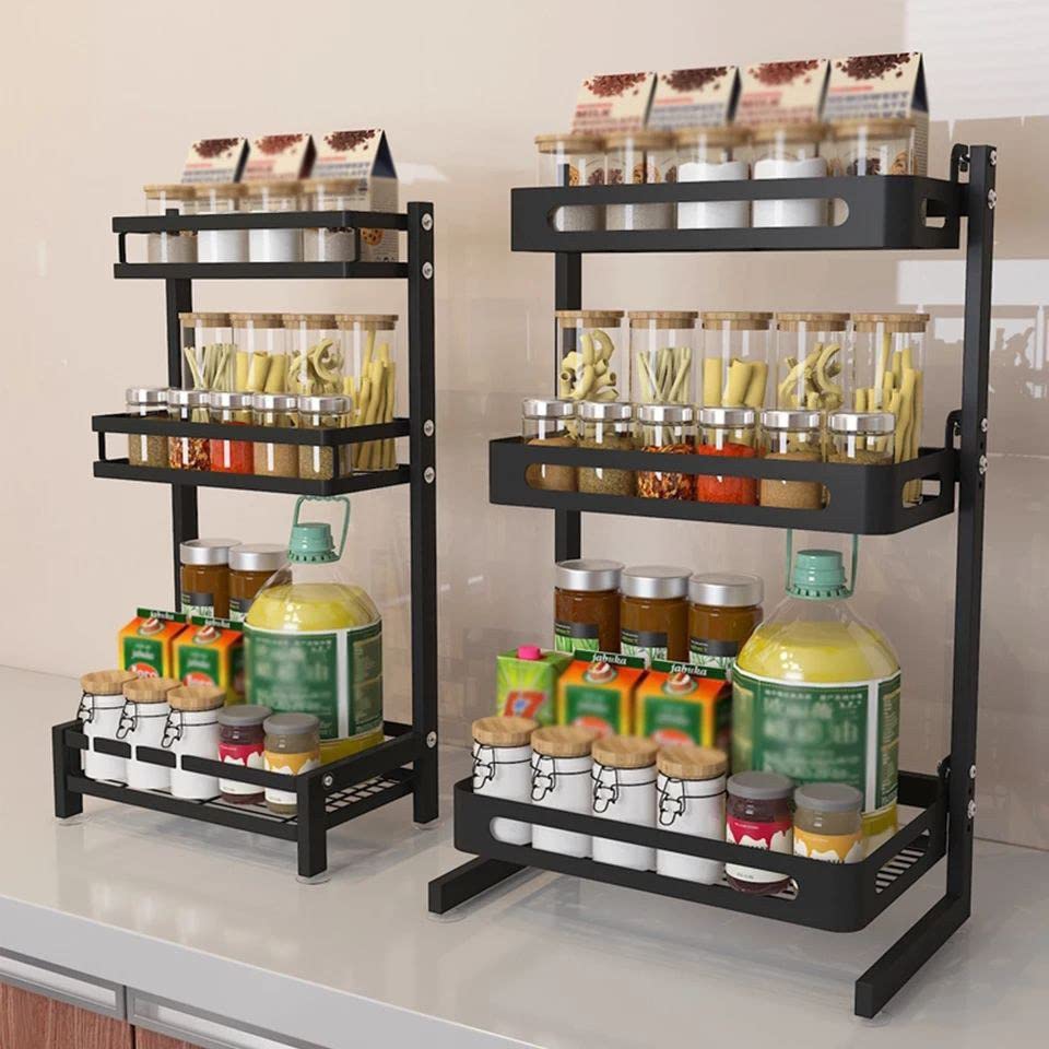 Imported Galvanized Stake & Seasoning, Freestanding Kitchen Spice Shelves Large Capacity Kitchen Living Room Bathroom & Living Room Black 3 Way 32 * 20 * 60cm