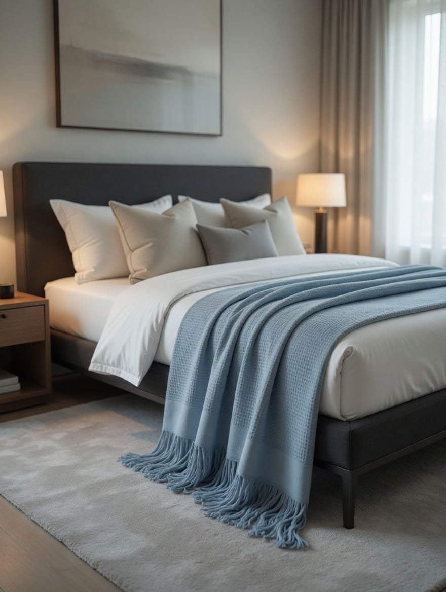 Generic Fringed Bedspread, Light Blue, Waffle Weave with Tassel Trim, 225 x 240 cm, .ms