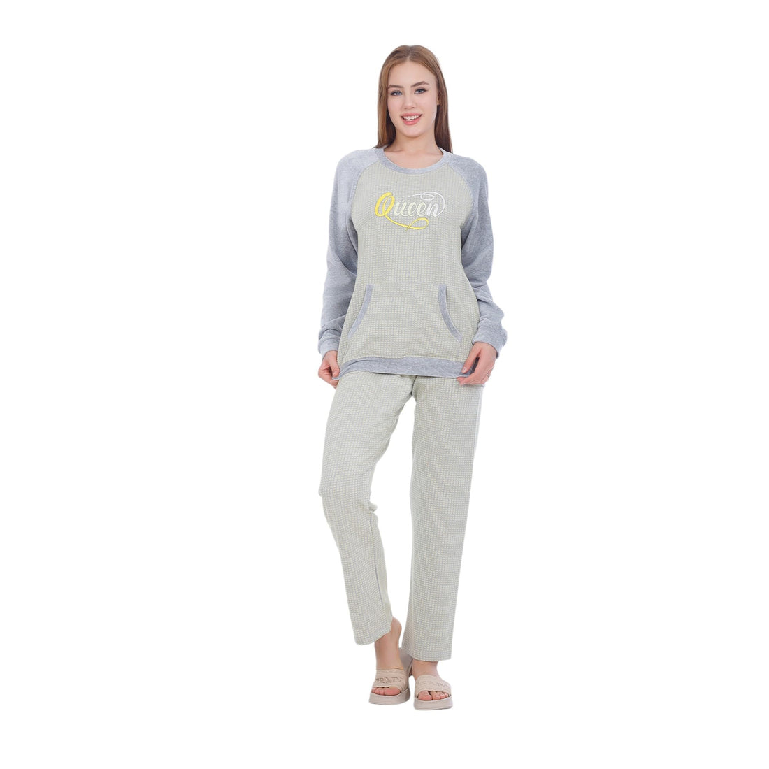 Zecotex Winter Embroidered Milton Cotton Pajama - Pajamas for Women - Special Cut on Both Sides Velvet Sleeves - 2 Pieces Set with Slit Pockets Blouse - Comfortable Home Wear for Women