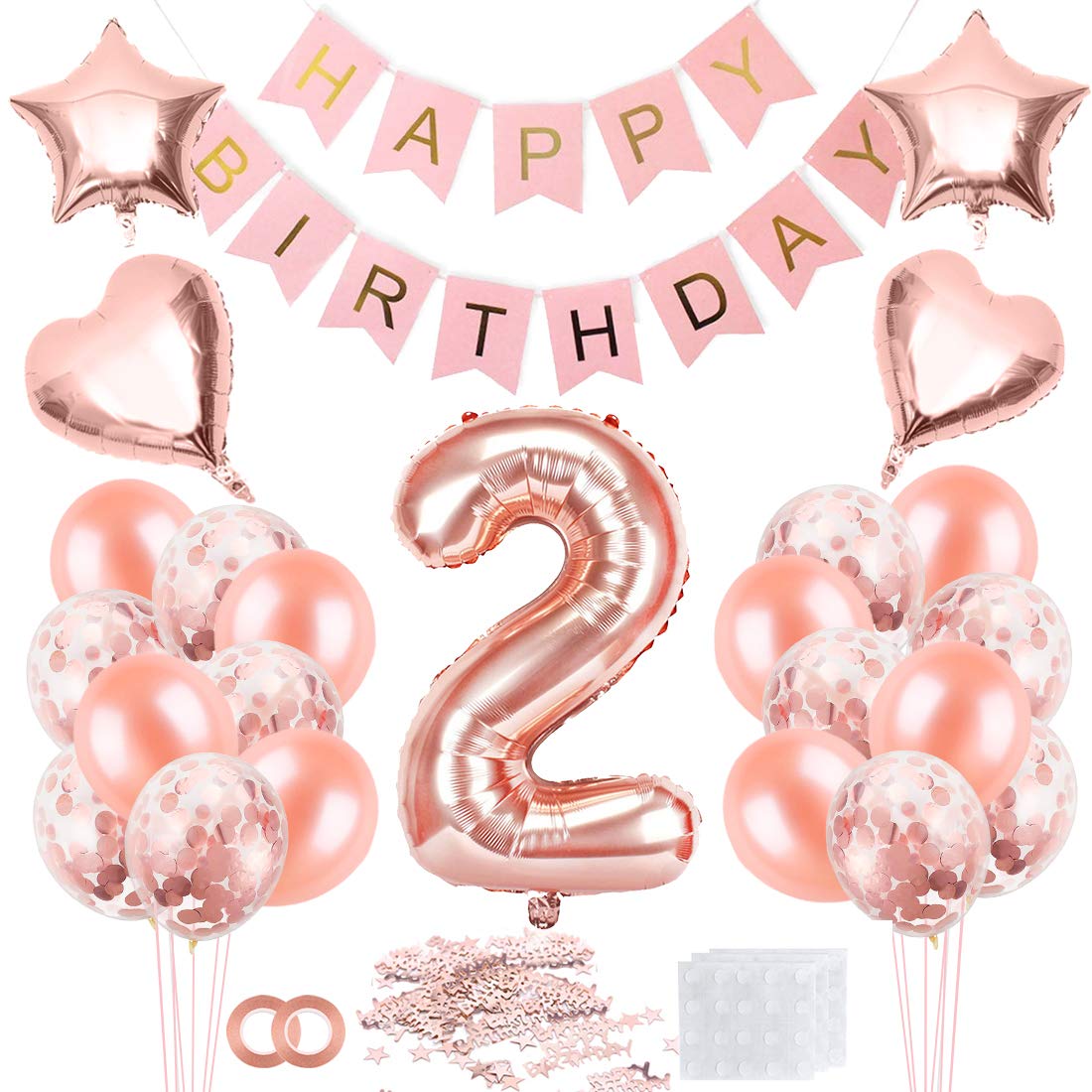Bluelves 2nd Birthday Girl - Rose Gold & Balloon Decorations, Happy Birthday Banner & Confetti