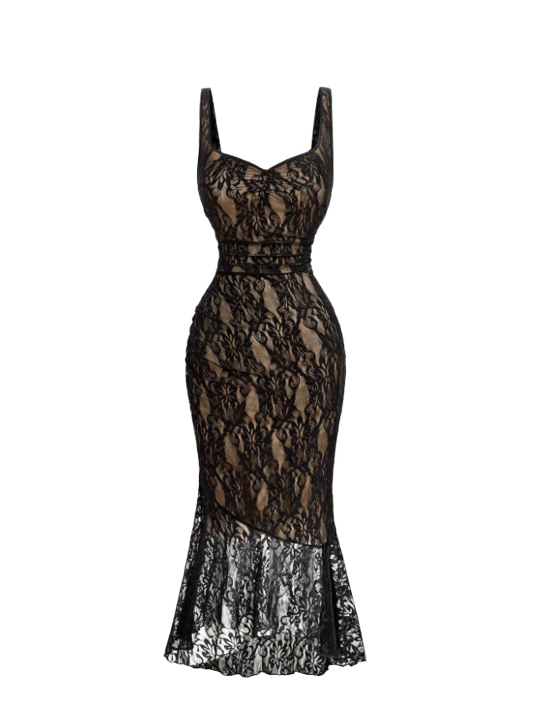 SHEIN Elegant Lace Mermaid Midi Dress for Women Sweetheart Neck Sleeveless Bodycon Cocktail Gown Black