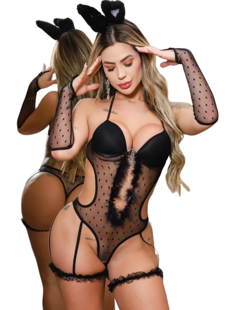 Four H Code 355 (Black, S) Sexy Cat Lingerie Cosplay Short Nightshirt Elegant Babydoll Women Sheer Nightshirt