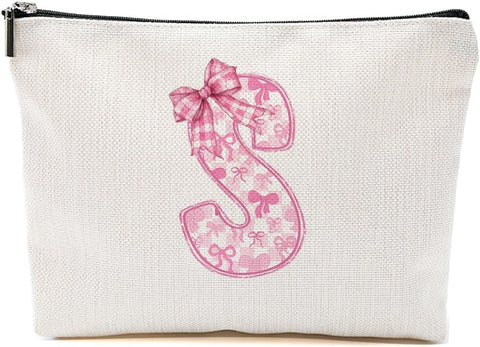 Personalized Initial Letter Makeup Bag, Rose Initial Cosmetic Bag with Zipper Birthday Gifts for Women Girls, Pink bow (S)