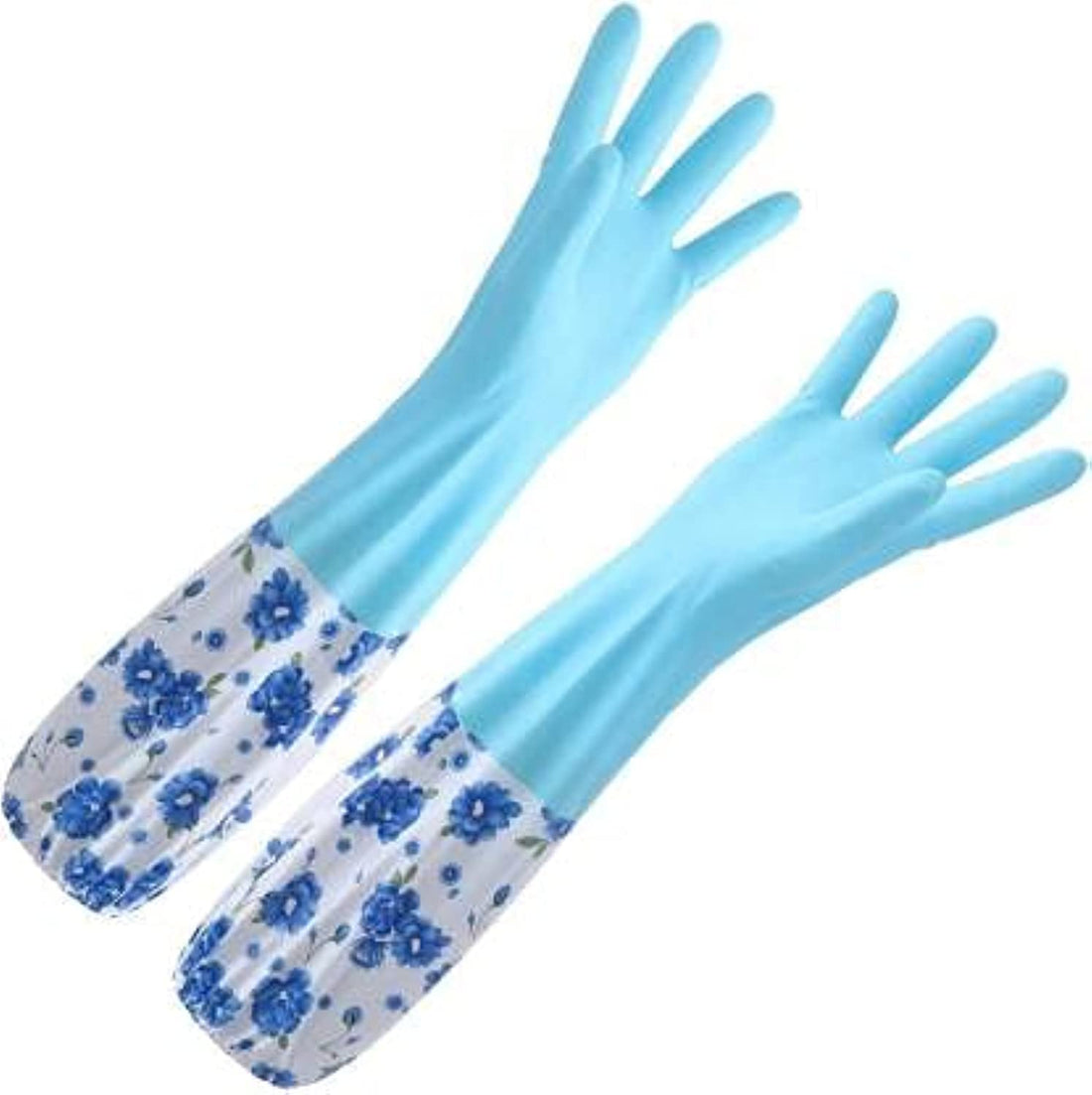 1 Pair Housework Cleaning Latex Rubber Gloves Cuff Winter Velvet Lining Dishwashing Long Waterproof Insulated Kitchen - Large - Blue