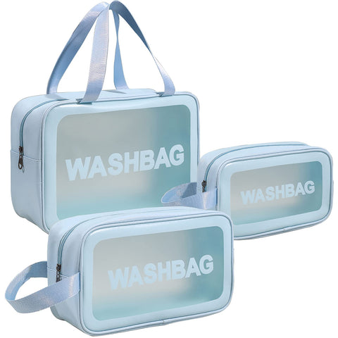 Circle M Clear Toiletry Bag Set of 3, Transparent Makeup Cosmetic Bags, Travel Wash Pouch for Women,Waterproof Organizer for Toiletries, Skincare, and Accessories - Blue