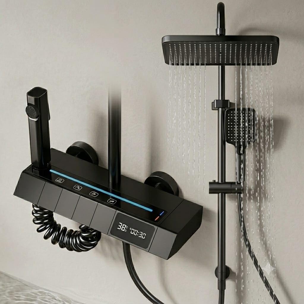 Luxury black Bathroom Shower Set Mixer Pan Speaker Stand Hose Underspout (Thermostatic Shower Set with Piano Keys Shower Panel with Hand Shower Head Shattaf Temperature Display Gun)