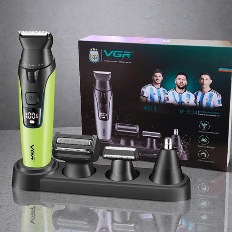 VGR V-634 4-in-1 Rechargeable Men's Grooming Kit, Waterproof Hair and Body Trimmer with LED Display, 4 Interchangeable Heads, 9 Guide Combs, USB Charging (Green)