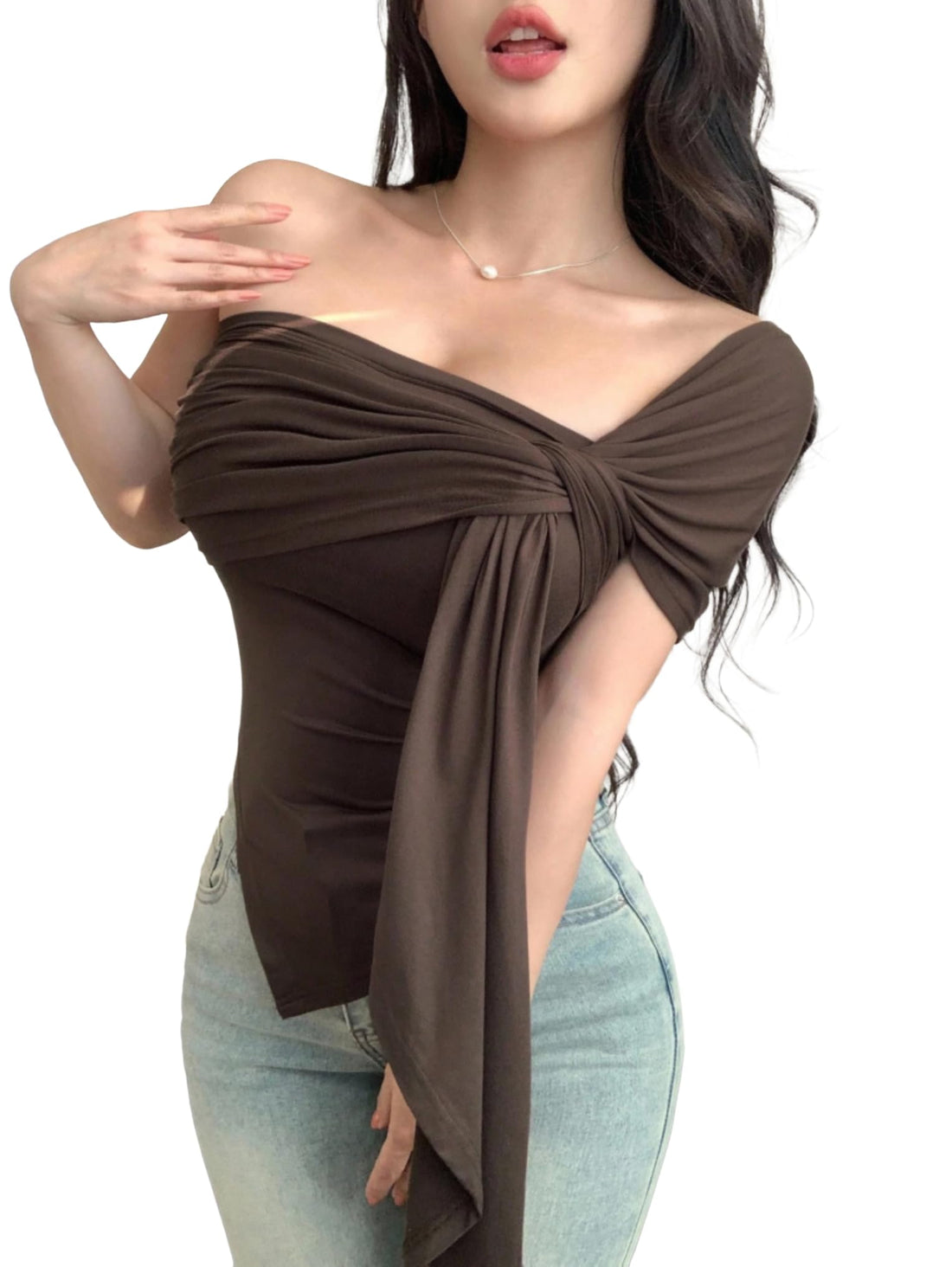 SHEIN Women's Brown Asymmetrical Neck Twist Detail Blouse - Short Raglan Sleeve Slim Fit Bodycon Top - Elegant Ruched Casual Shirt for Ramadan, Eid, and Evening Events