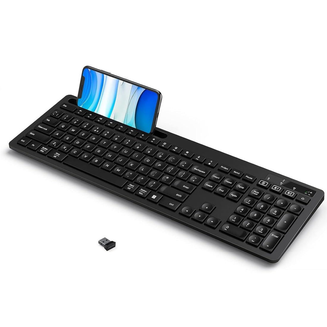 FD Multi-Device Dual Mode Wireless Bluetooth Keyboard with Phone Holder Compatible for Windows, Android - (ENG/AR) Layout Full Size Cordless Keyboard with USB Receiver for PC/Laptop