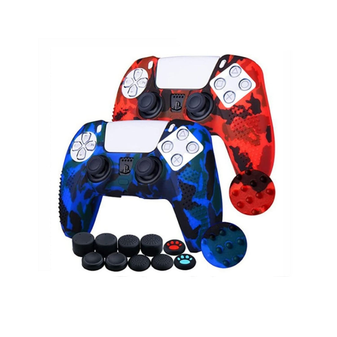 Bukela 2 Pcs compatible with Playstation 5 /PS5 Controller Case Silicone Controller Skins Camo Anti-Slip Cover Case Protector Sleeve with 10 x Thumb Grip Caps (Blue+Red)
