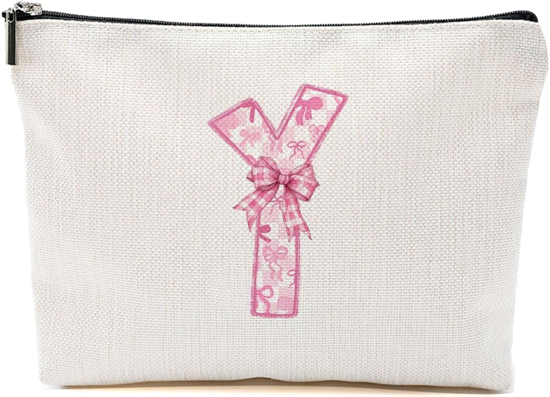 Personalized Initial Letter Makeup Bag, Rose Initial Cosmetic Bag with Zipper Birthday Gifts for Women Girls, Pink bow (Y)
