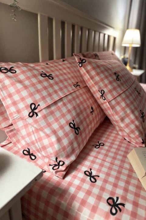 Cotton Crib Sheet Set, Pink Check Pattern with Bows, Includes 120cm Flat Sheet, Pillow and Pillowcase, Anti-Pilling Cotton Ameriya