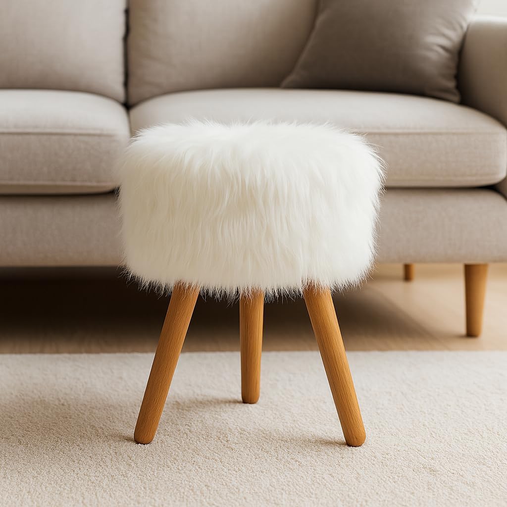 Faux Fur Stool with Wooden Legs – Fluffy Ottoman Accent Seat, Modern Vanity Chair, Cozy Footrest for Bedroom, Living Room & Dressing Table