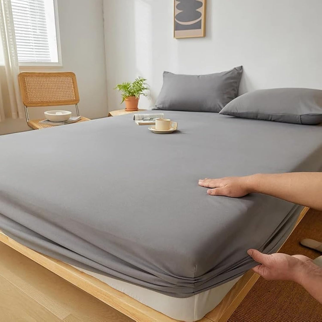 QBED Plain Fitted Sheet Set for Hotels, Homes & Touristic Villages 3 Pieces (Grey, 160 * 200 * 30 cm)