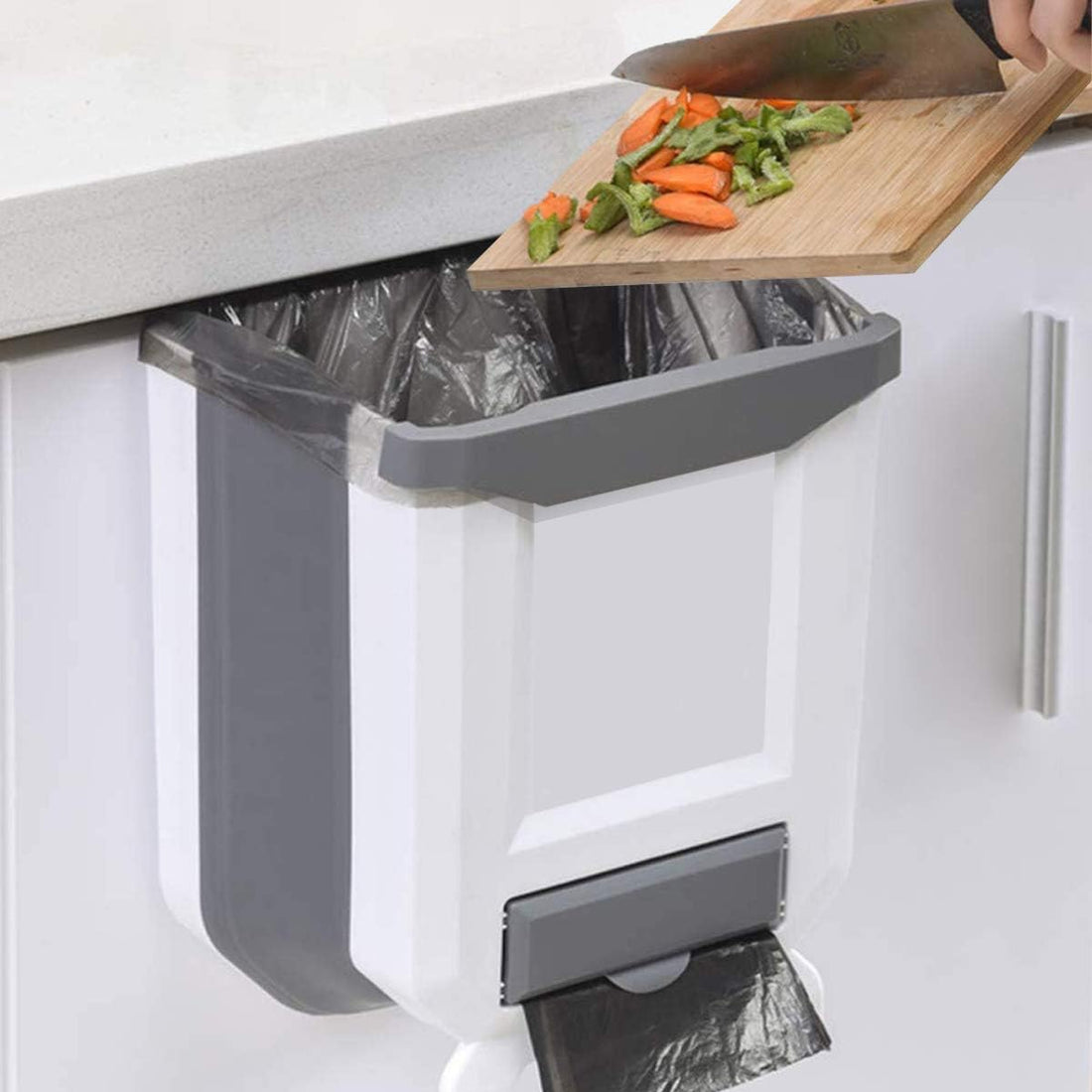 KASTWAVE Kitchen Trash Can Plastic Collapsible 2 Gallon Wall Mounted for Cabinet Door Hanging Garbage Bin White