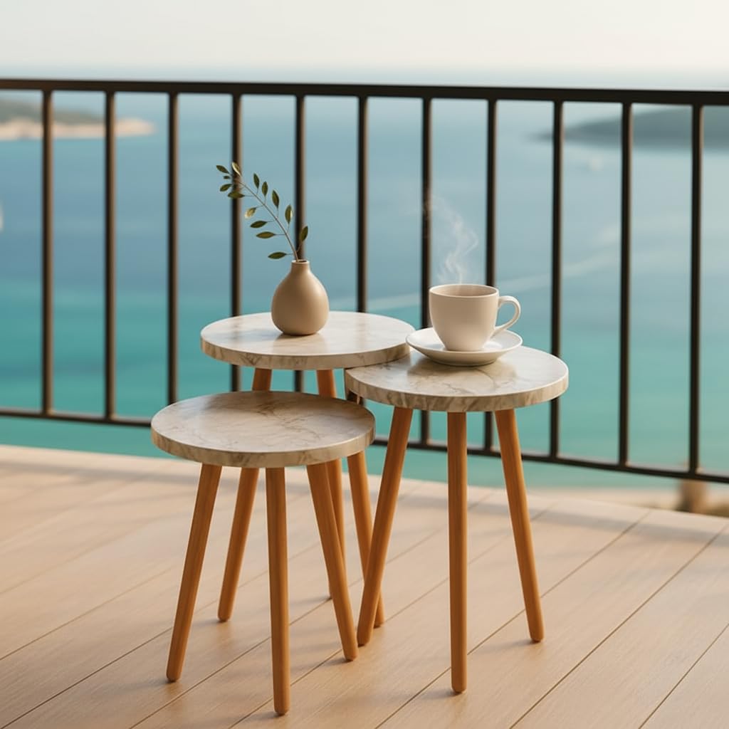 ZohnyHome Set of 3 Round Faux Marble Nesting Tables – Modern Coffee & Side Tables with Realistic Marble-Look Top and Wooden Legs – Stylish Living Room Furniture for Home or Office