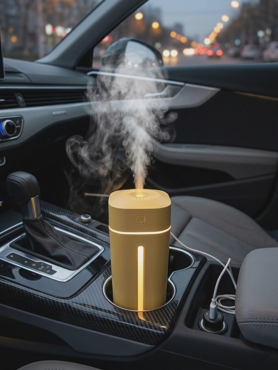 USB Car or Desk Diffuser Humidifier 2 in 1 - Compact Cup Holder Design, Colorful LED Light, Super Quiet Ultrasonic Diffuser for Office and Car (Yellow)