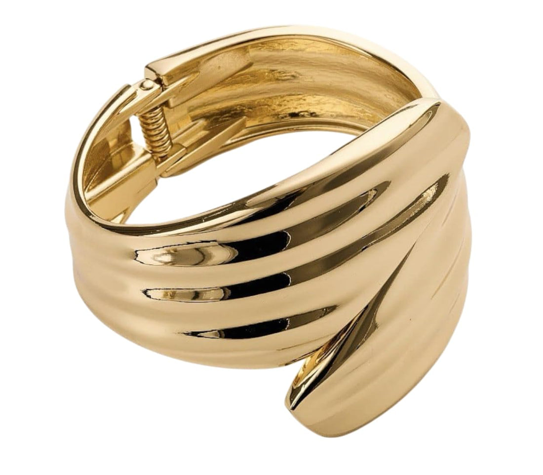Luxury Classic Gold Cuff Hinged Bangle Bracelet, Plated Metal, Occasions