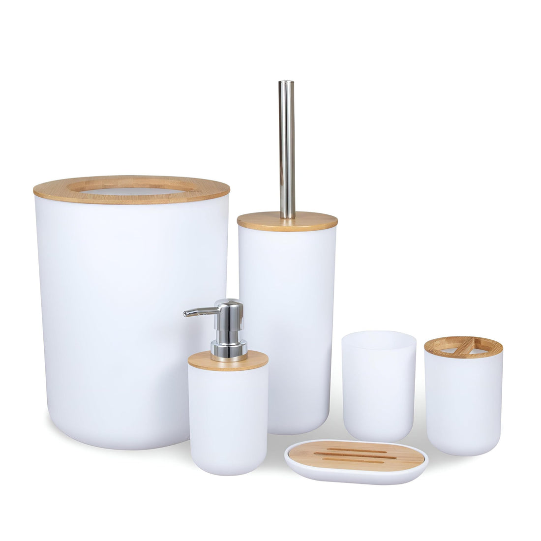 Bathroom Set - Full 6 Piece Bathroom Accessories with Soap Dispenser, Toothbrush Holder, Soap Dish, Mouthwash Cup and Brush (White)