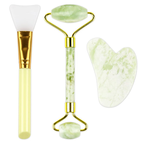 Jade Roller Gua Sha Set Natural Quartz Rodillo Facial For Skin Eye Face Care Massage - 3 In 1 Set