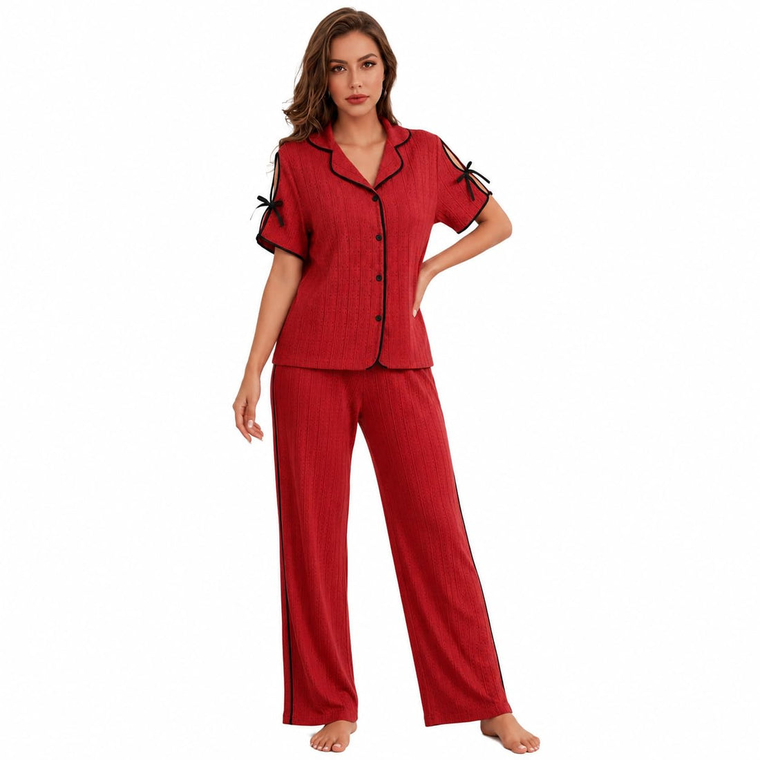 Narissa Women's Lace Pajama Set 2 Pieces, Button Down Shirt with Bow and Flare Pants - Pointelle Premium Cotton Material