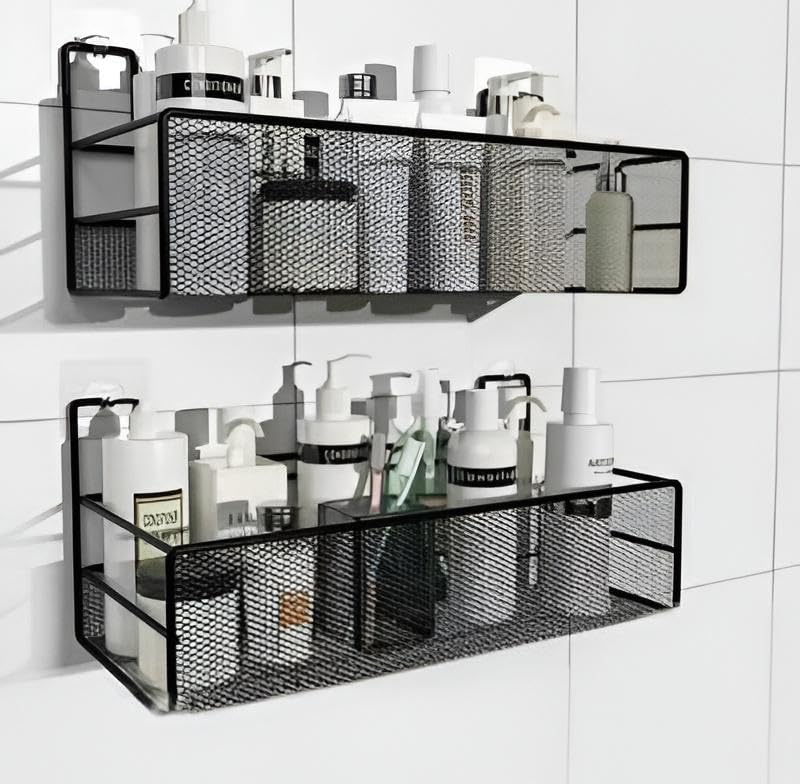 Basket - Rust-Proof Metal Shower Caddy with Dual Hooks, Drill-Free Installation, Sleek Black Coating, Dimensions 36x15x15cm, Ideal for Holding Shampoo Bottles and Soap Bars Securely in Wet Areas