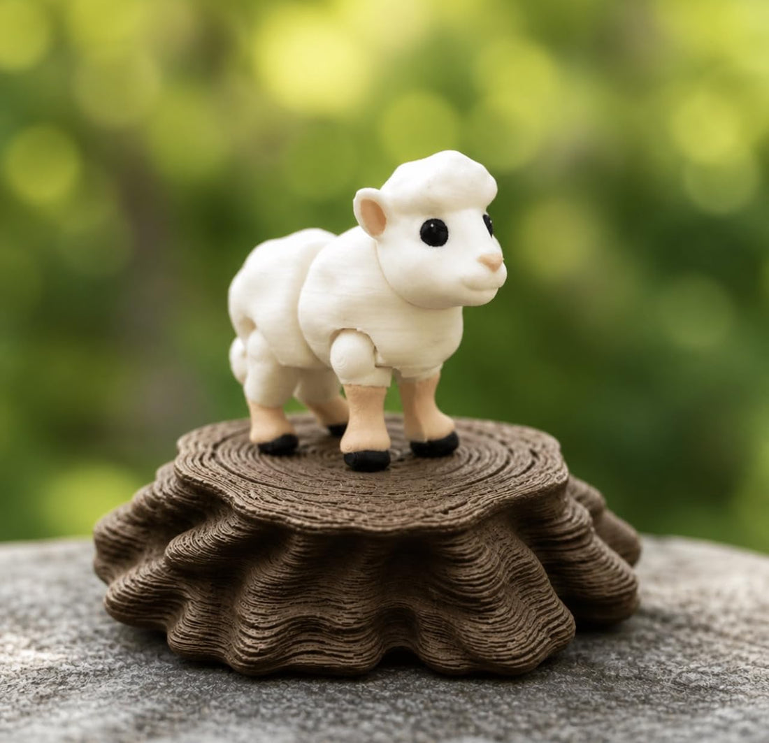 Downtown 3D Printed Articulated Lamb Desktop Decoration, Tree Stump Base Figure for Office, Shelf and Desk Decor