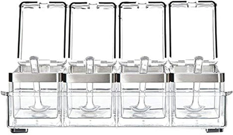 Acrylic Spice Jar Organizer Set, 4 Compartments with Lids and Spoons, Clear Storage Container, 25.8cm x 9cm x 7.2cm