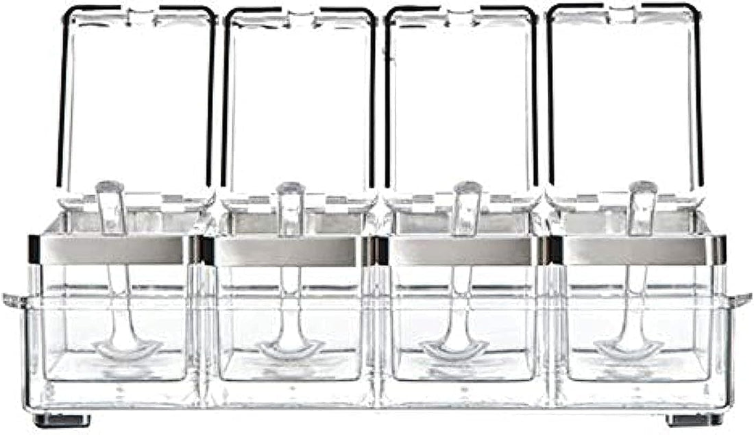 Acrylic Spice Jar Organizer Set, 4 Compartments with Lids and Spoons, Clear Storage Container, 25.8cm x 9cm x 7.2cm