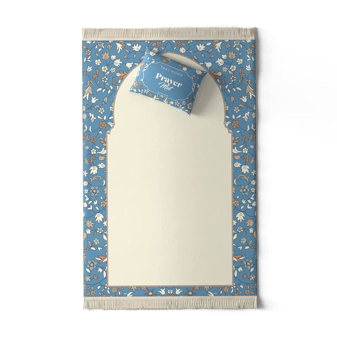 ART MOOD HOME Prayer Mat Al Rawda, Velvet with Elegant Design, Soft Low Pile with Supportive Cushioning, Lightweight and Foldable for Home and Mosque, 117L × 68W cm, Beige and Blue