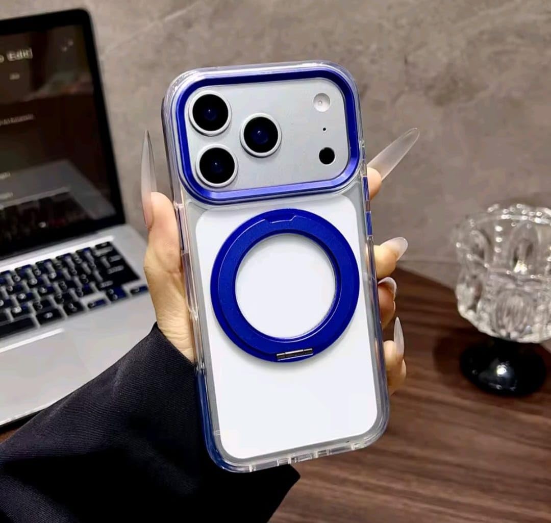 GRABIST Magnetic Clear Case for iPhone 17 Pro Max, Military Grade Drop Protection, Compatible with Wireless Charging, 360° Metal Kickstand, Slim Crystal Clear Finish, Shockproof TPU Cover (Blue)