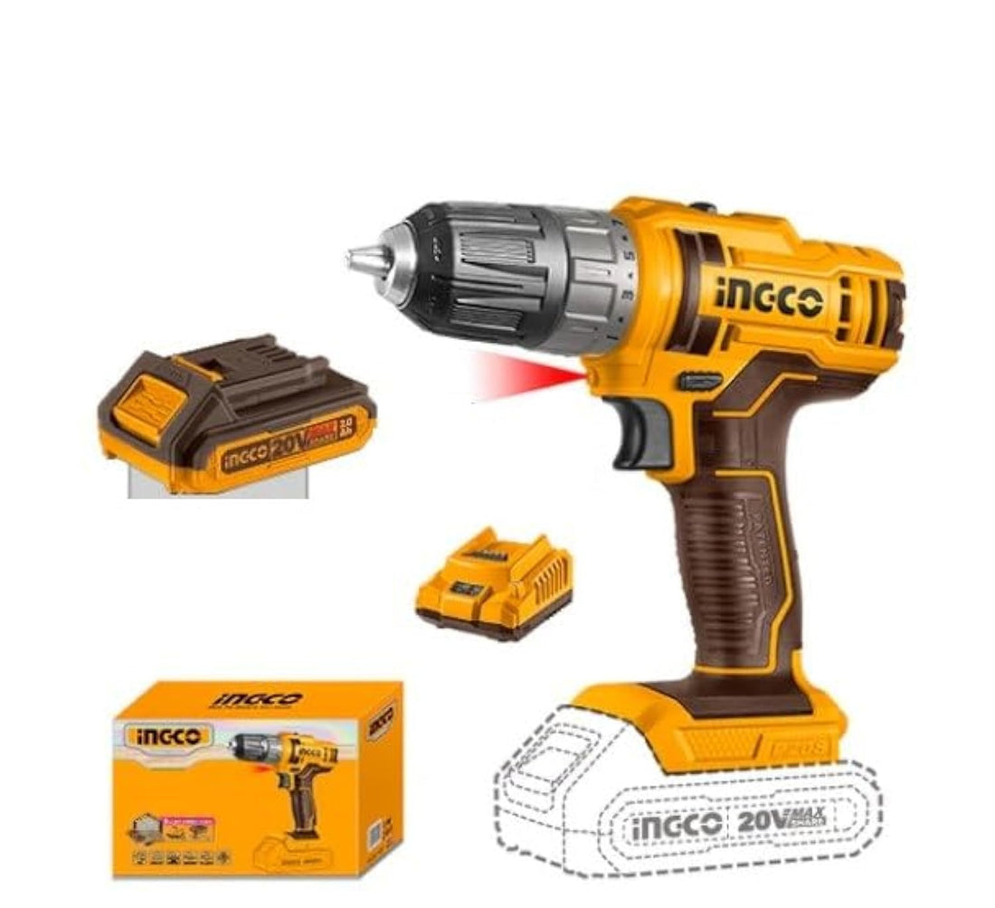 INGCO 20V Cordless Drill, 45Nm Torque, 2-Speed Gearbox, Spindle Lock, With 1x20V 2.0Ah Lithium-Ion Battery & Charger - CDLI200518