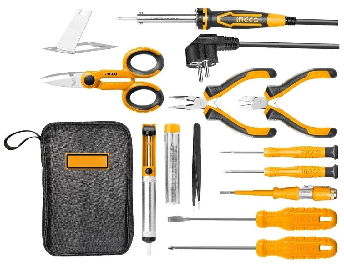INGCO 13pcs Telecom Tool Set, Pliers, Scissors, 40W Soldering Iron, Tweezers Pump, Scewdrivers and more - HKTTS0131