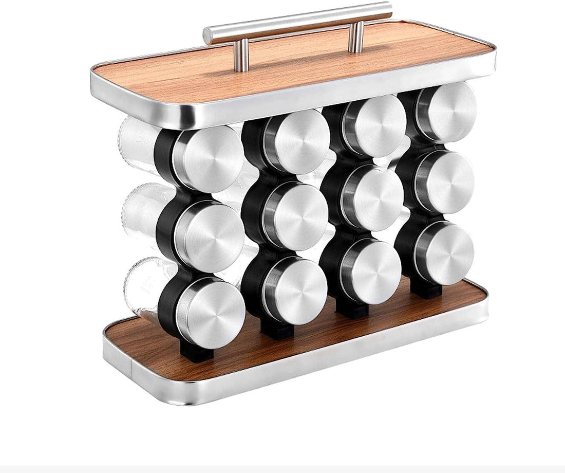 Spice Rack Organizer with 12 Empty Spice Jars for Cabinet Countertop spice Imitation Wood Portable seasoning Stainless Steel Storage Rack Stand Holder for Kitchen Hotel(Rectangle,1-Pcs)